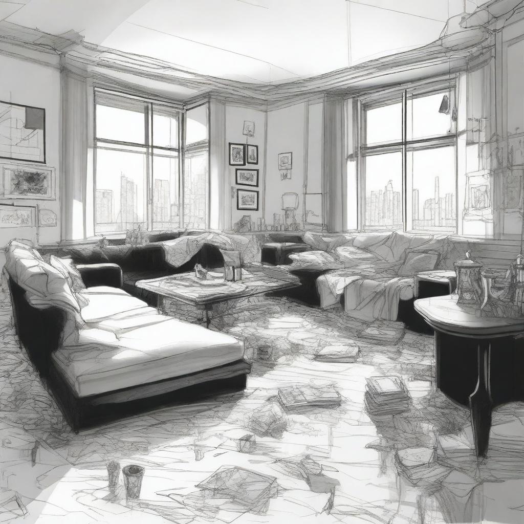 A sketched black and white drawn image of a cluttered modern penthouse apartment