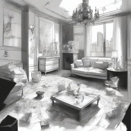 A sketched black and white drawn image of a cluttered modern penthouse apartment