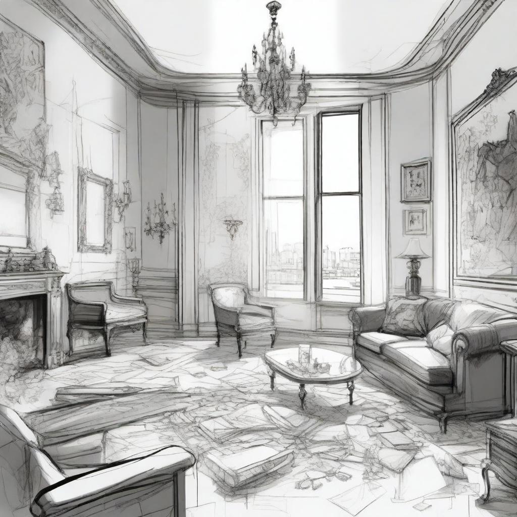 A sketched black and white drawn image of a cluttered modern penthouse apartment