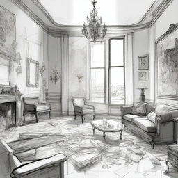 A sketched black and white drawn image of a cluttered modern penthouse apartment