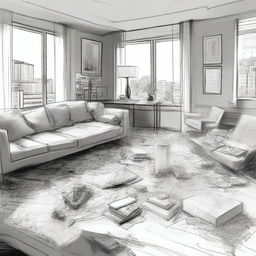 A sketched black and white drawn image of a cluttered modern penthouse apartment