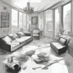 A sketched black and white drawn image of a cluttered modern penthouse apartment