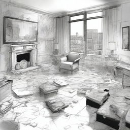 A sketched black and white drawn image of a cluttered modern penthouse apartment