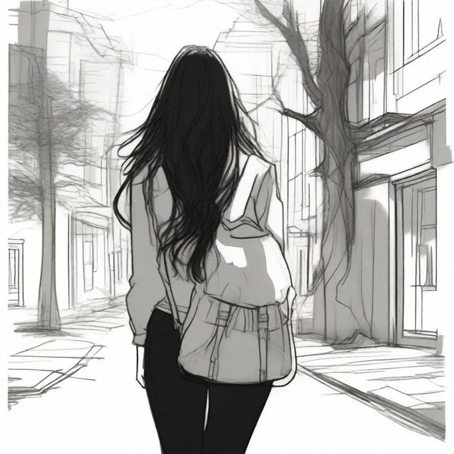 A sketched image of a girl with long hair, with loose curls cascading down her back