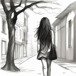 A sketched image of a girl with long hair, with loose curls cascading down her back