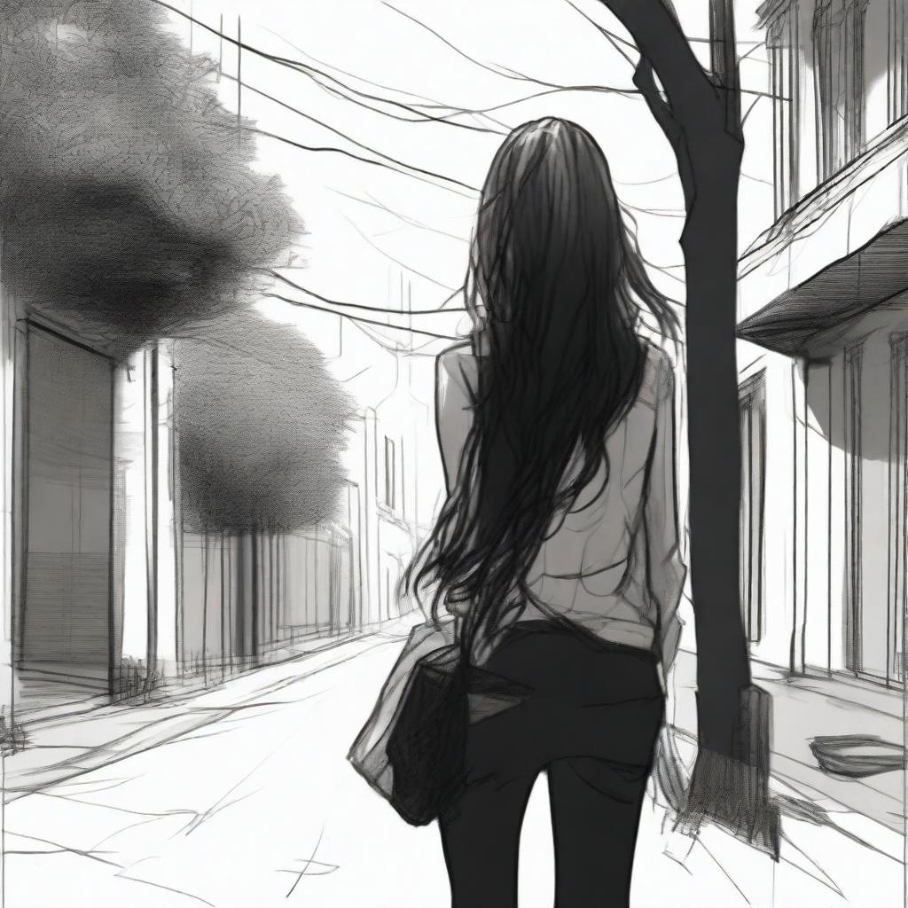 A sketched image of a girl with long hair, with loose curls cascading down her back