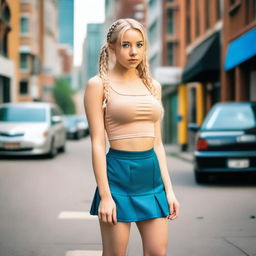 A young blonde woman with pigtails, wearing a short miniskirt, a crop top, and high heels