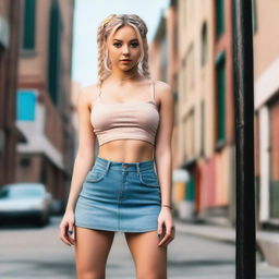 A young blonde woman with pigtails, wearing a short miniskirt, a crop top, and high heels