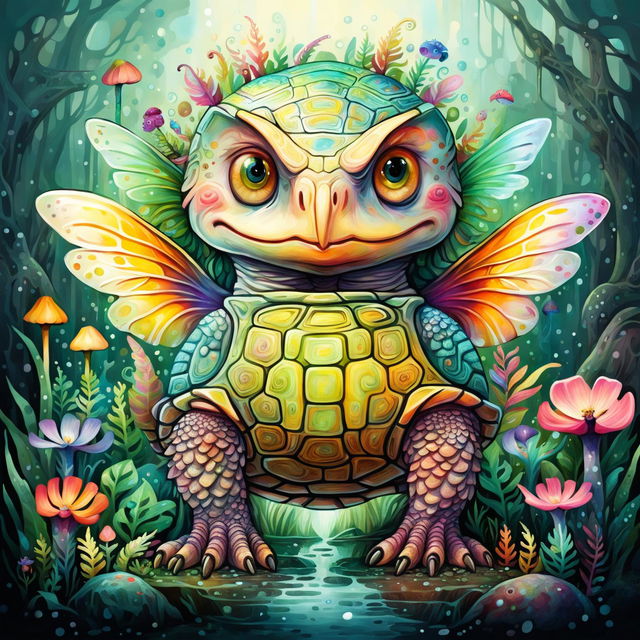 Illustrate a cute and weird imaginary animal with a turtle's body, lizard's texture, owl's head, seahorse's tail, dragonfly's wings, seal's legs, and unicorn-like horns in a fantastical forest setting