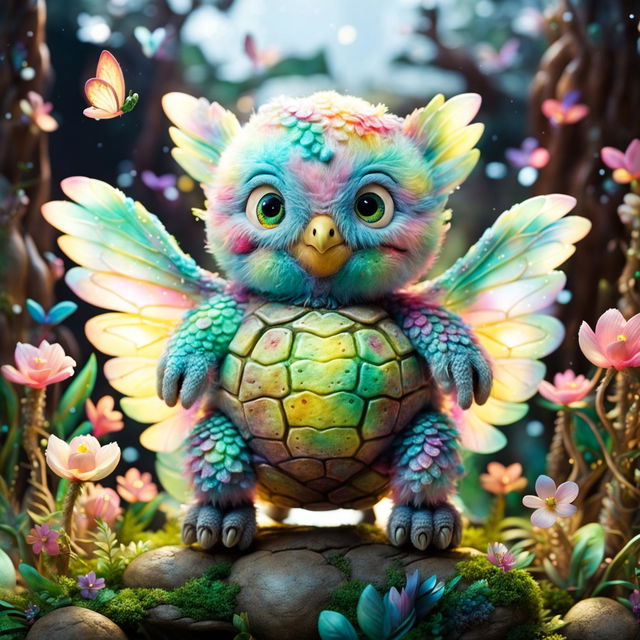 Illustrate an extremely cute and weird imaginary animal with a chubby turtle's body, plush-like lizard's texture, adorable owl's head, seahorse's tail with stars, dragonfly's wings, seal's legs with heart-shaped pads, and glowing unicorn-like horns in a magical forest setting