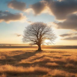 A single, lonely tree standing in the middle of a vast, open field