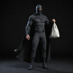 Disney-style animated, full body image of an unmasked vigilante with a cloth bag on one shoulder, set against a dark, black-themed backdrop.