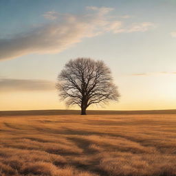 A single, lonely tree standing in the middle of a vast, open field