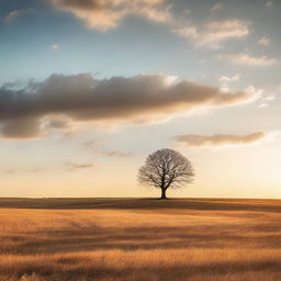 A single, lonely tree standing in the middle of a vast, open field