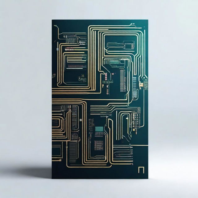 Create a book cover related to electronics, featuring modern and sleek design elements such as circuit boards, microchips, and digital patterns