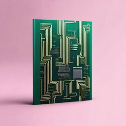 Create a book cover related to electronics, featuring modern and sleek design elements such as circuit boards, microchips, and digital patterns