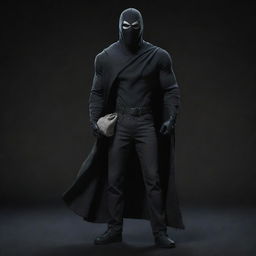 Disney-style animated, full body image of an unmasked vigilante with a cloth bag on one shoulder, set against a dark, black-themed backdrop.