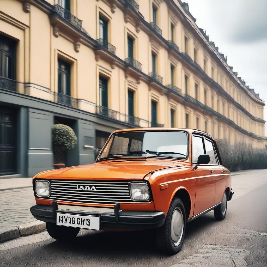 A detailed image of a classic Lada car parked on a street