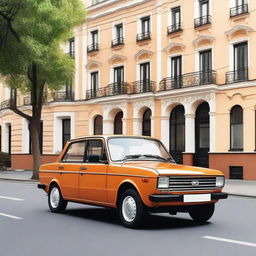 A detailed image of a classic Lada car parked on a street