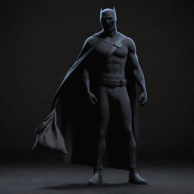 Disney-style animated, full body image of an unmasked vigilante with a cloth bag on one shoulder, set against a dark, black-themed backdrop.