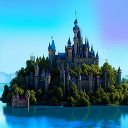 A grand castle situated on a floating island amidst the clear blue sky