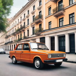 A detailed image of a classic Lada car parked on a street