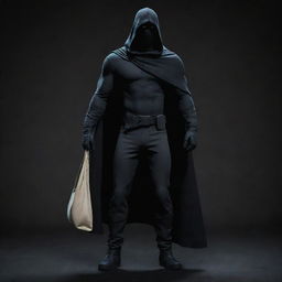 Disney-style animated, full body image of an unmasked vigilante with a cloth bag on one shoulder, set against a dark, black-themed backdrop.