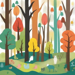 Create an image in the style of children's drawings depicting a mysterious forest called 'Four Seasons Forest' in a distant land