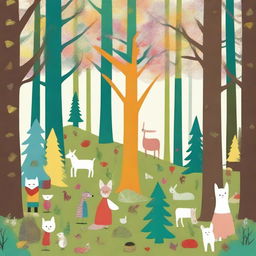 Create an image in the style of children's drawings depicting a mysterious forest called 'Four Seasons Forest' in a distant land