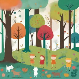 Create an image in the style of children's drawings depicting a mysterious forest called 'Four Seasons Forest' in a distant land