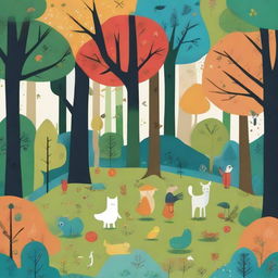 Create an image in the style of children's drawings depicting a mysterious forest called 'Four Seasons Forest' in a distant land