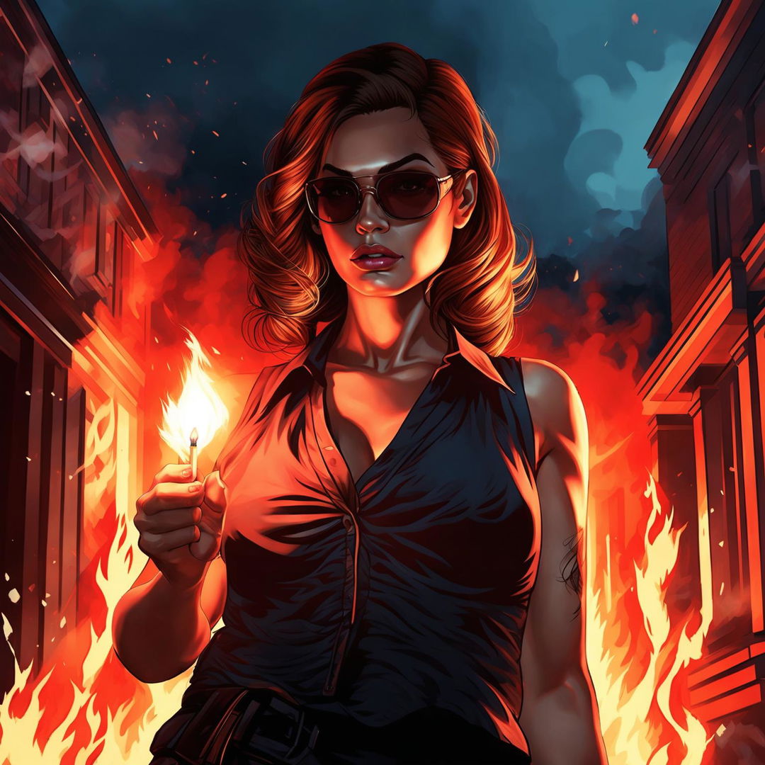 A person holding a lit match in front of a burning building, dressed elegantly in a halter top and glasses, in the style of GTA5