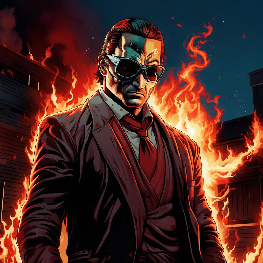 A man holding a lit match in front of a burning house, dressed elegantly in a mask and glasses, in the style of GTA5.