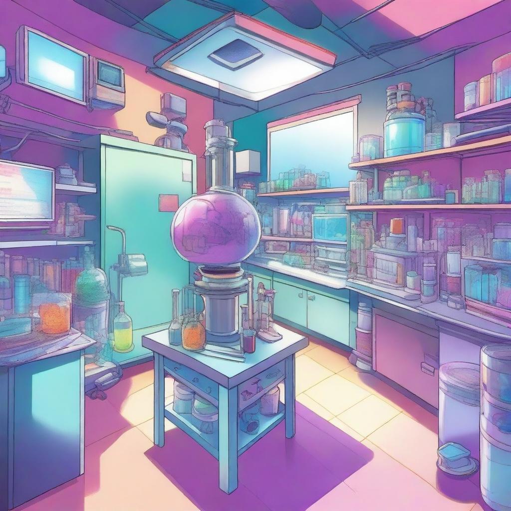 A detailed science laboratory with various scientific equipment and experiments in progress, viewed from a camera facing upwards