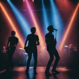 An edgy, cool profile picture featuring a musical band on stage, immersed in a vibrant, high-energy performance under dazzling stage lights.