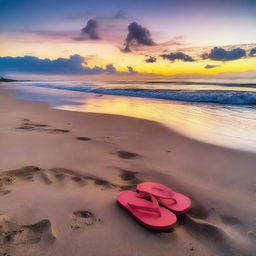 A photo of flip-flops on the beach with footprints leading towards the sea under a twilight sky