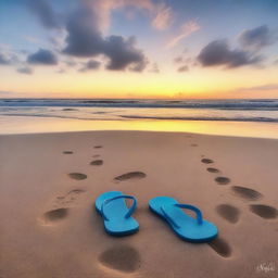 A photo of flip-flops on the beach with footprints leading towards the sea under a twilight sky