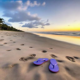 A photo of flip-flops on the beach with footprints leading towards the sea under a twilight sky