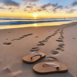 A photo of flip-flops on the beach with footprints leading towards the sea under a twilight sky