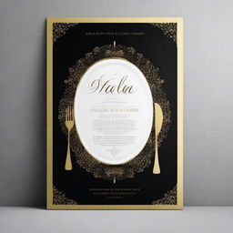 A gala dinner poster featuring elegant typography, a luxurious color palette with gold and black accents, and sophisticated imagery of a lavishly set dining table