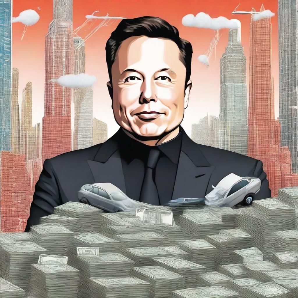 A detailed illustration of Elon Musk surrounded by symbols of wealth and success, such as rockets, electric cars, and stacks of money, with a backdrop of futuristic cityscape