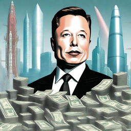 A detailed illustration of Elon Musk surrounded by symbols of wealth and success, such as rockets, electric cars, and stacks of money, with a backdrop of futuristic cityscape