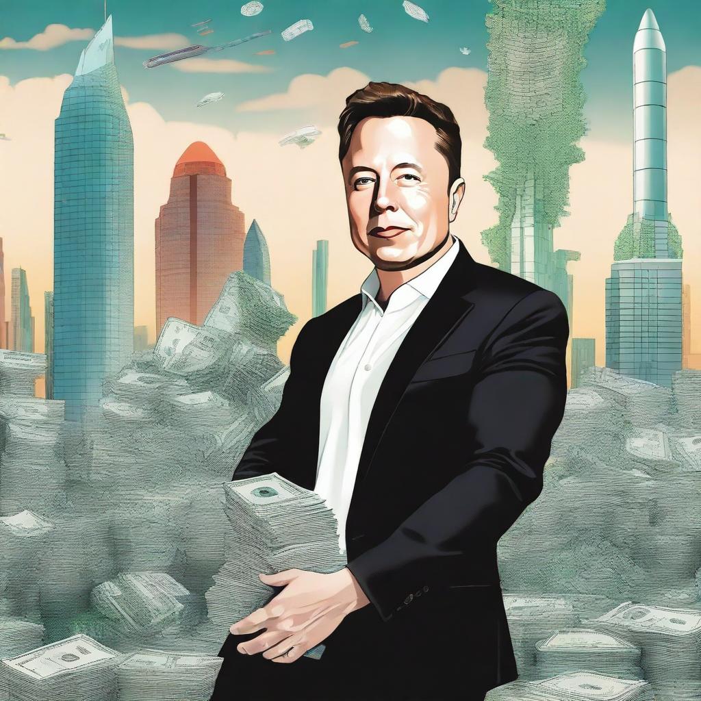 A detailed illustration of Elon Musk surrounded by symbols of wealth and success, such as rockets, electric cars, and stacks of money, with a backdrop of futuristic cityscape