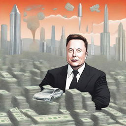 A detailed illustration of Elon Musk surrounded by symbols of wealth and success, such as rockets, electric cars, and stacks of money, with a backdrop of futuristic cityscape