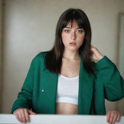 casual photograpy medium body, female, 23 year old with green eyes and black long hai with withe streaks in the bangs with raper jacket .,freckles, self on the mirror, relax time, medium distance shot, 4k hd,  --style raw--v 5.2 ar 2-3