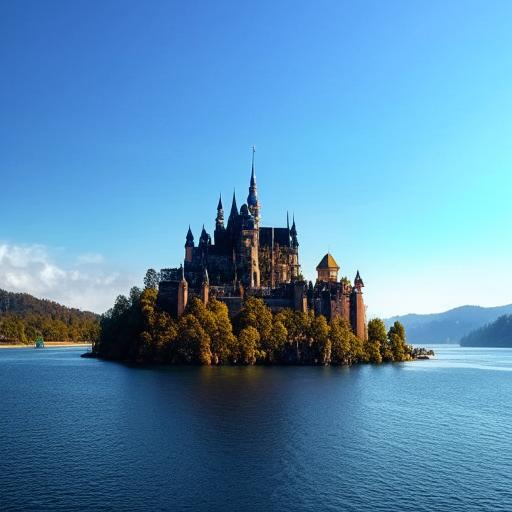 A grand castle situated on a floating island amidst the clear blue sky