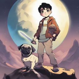 A 16-year-old boy holding a sword pointing down, with a panting pug sitting next to him