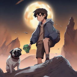 A 16-year-old boy holding a sword pointing downward, with a panting pug sitting next to him