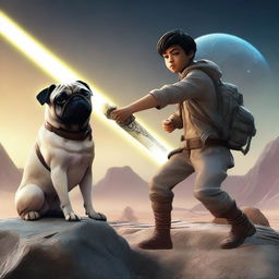 A 16-year-old boy holding a sword pointing downward, with a panting pug sitting next to him