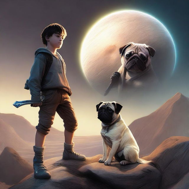 A 16-year-old boy holding a sword pointing downward, with a panting pug sitting next to him